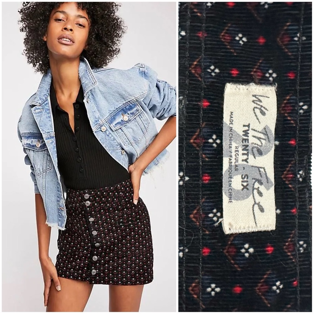 Free People We the Free Joanie Printed Cord Skirt Black Combo Low Rise Button Up